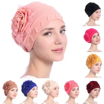 

Lace Solid Color Flower Beads Decor Women Hijab Muslim Hat Beanie Cap Head Wrap Beads and flower decor stylish women head decora