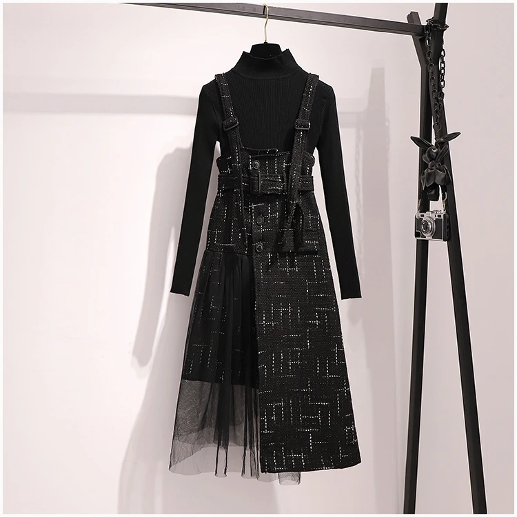 Oshangchaopin женский модный элегантный осенне-зимний комплект из 2 предметов Водолазка с длинным рукавом Тонкий свитер+ слинг сетка лоскутное твидовое платье - Цвет: Черный