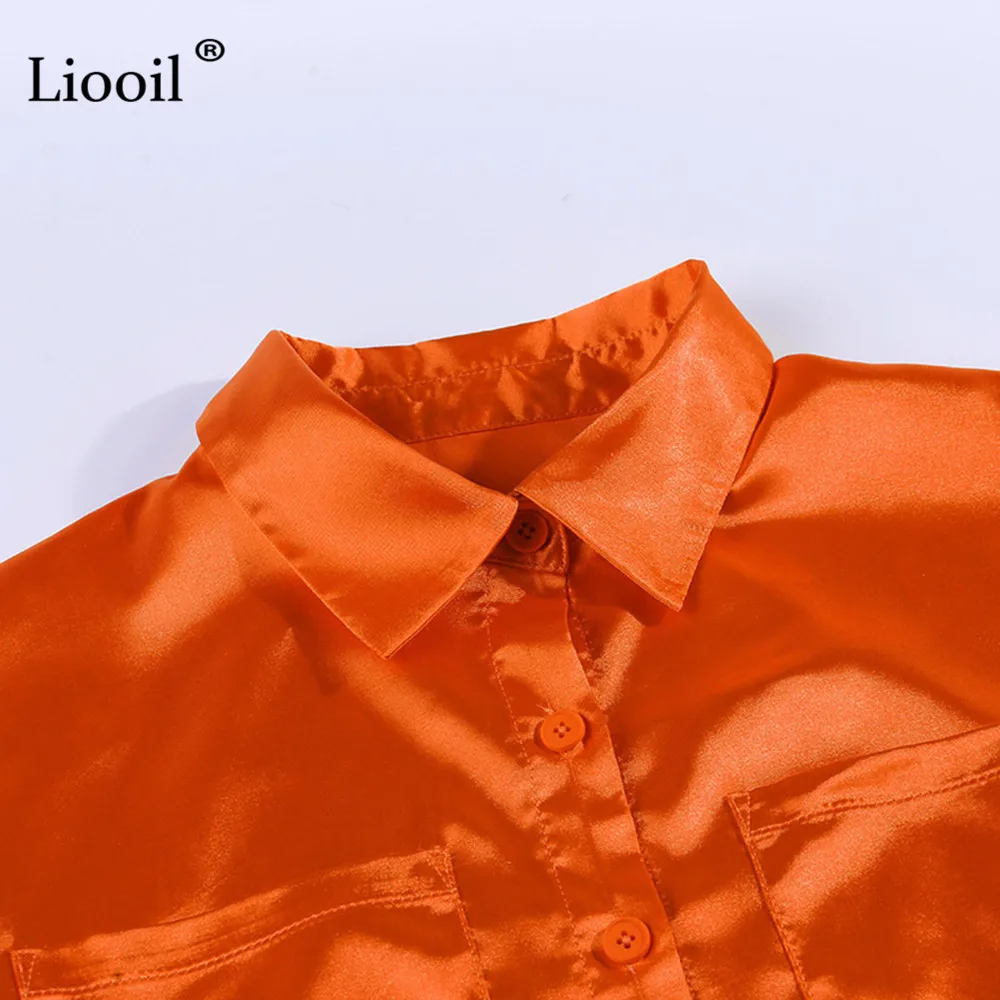 Liooil/атласное сексуальное мини-платье-рубашка с карманами, осень, длинный рукав, ремень на пуговицах, оранжевые Клубные короткие платья, женские вечерние платья