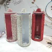 Sparkling Acrylic Brush Organizer with Lid All Rhinestones Cosmetic Organizer Make Up Box Cotton Swab Storage Desktop Organizer 2