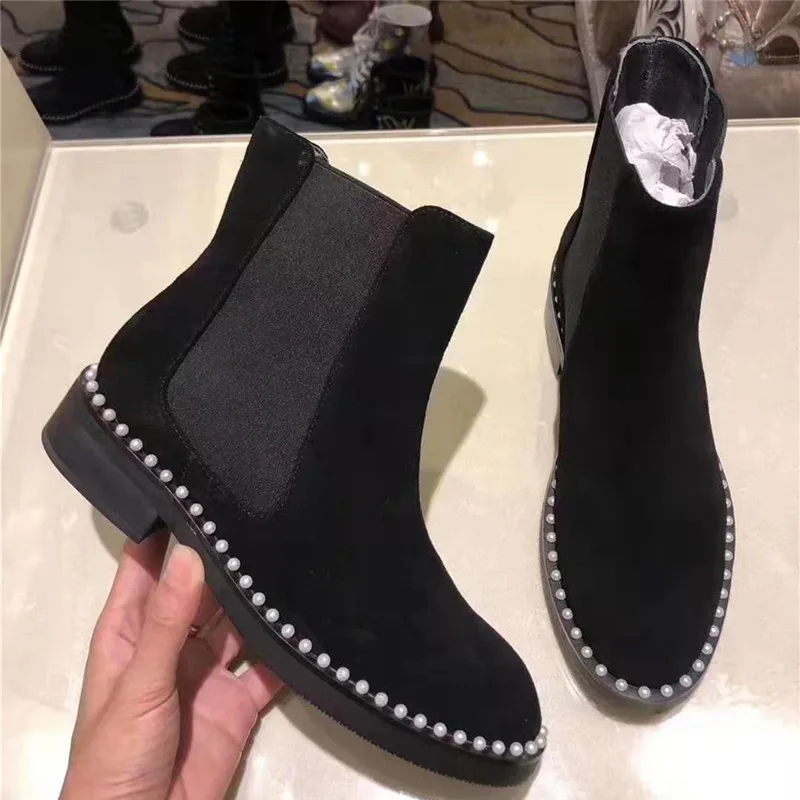 Ботильоны женские обувь 2020 зимние короткие ботинки без шнуровки челси с жемчугом