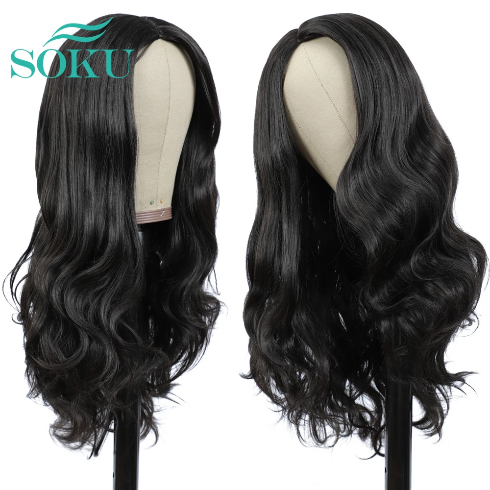 

SOKU 18-30inches Long Body Wave Hair Middle Part Synthetic Natural Brown Color Daily Style For Black Women Heat Resistant Fiber