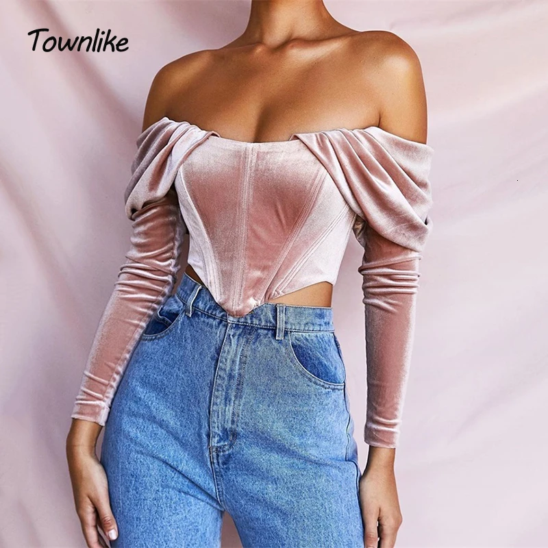 Сексуальный укороченный топ Townlike с открытыми плечами и длинным рукавом женская