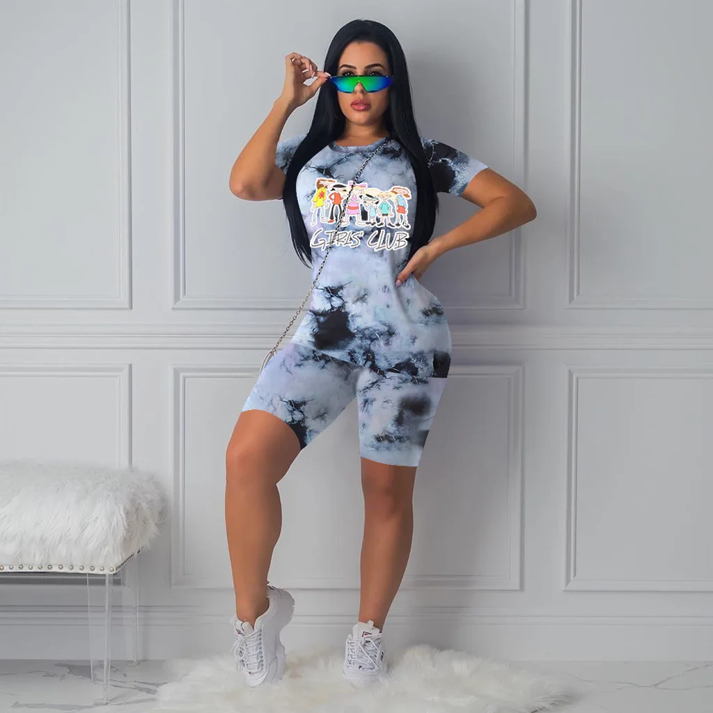 

2020 Two Piece Set Women Clothes Tie Dye Cartoon T- Shirt & Biker Shorts Set Sweat Suits Lounge Wear Outfits Ensemble Femme
