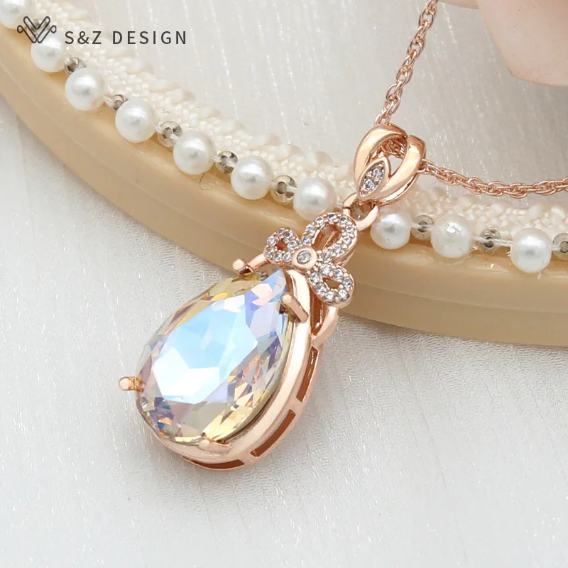 S&Z DESIGN New Luxury Cubic Zirconia Water Drop Colorful Crystal 585 Rose Gold Color Pendant Necklace For Women Wedding Jewelry
