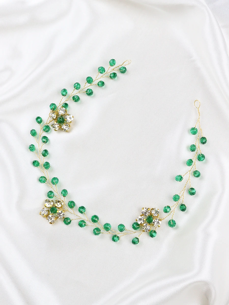 Golden Floral Hair Jewelry Ethnic Green Crystal Hair Accessories Shiny Rhinestone Headbands Wedding Bridal Fascinators
