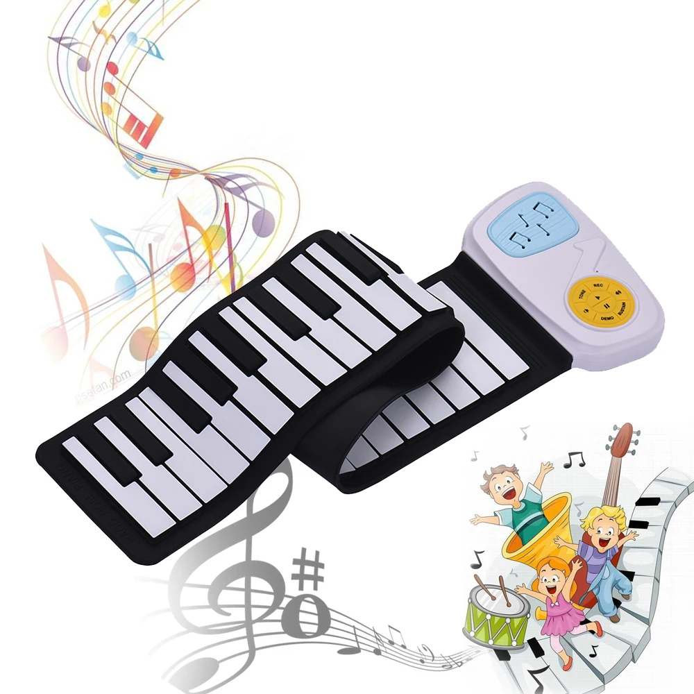 Alto-falante com Etiqueta dos Desenhos Animados para Crianças Portátil Silicone Teclado Eletrônico Rolling-up Piano Built-in 49-chave