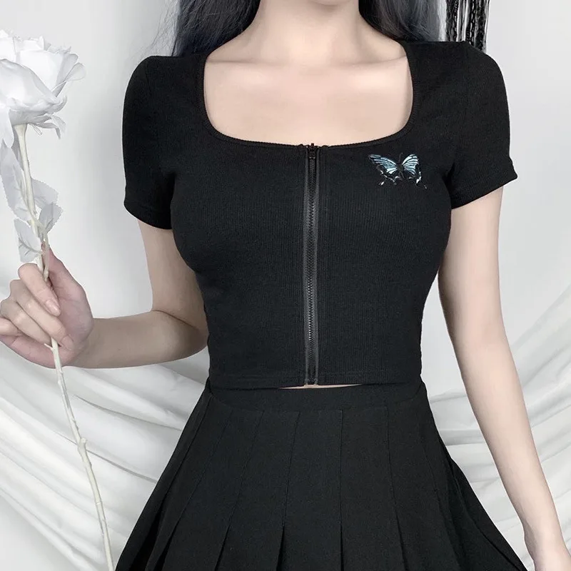 Black Dark Goth Woman Short T-shirt 2020 Lady Butterfly Print Square Collar Zipper Hipster Tshirt Gothic Punk Sport Short Top