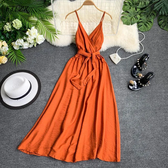 Maldives Holiday Dress Sexy Backless Straps V-neck Dress Women Solid Color Thai Seaside Maxi Long Big Swing Fairy Dress