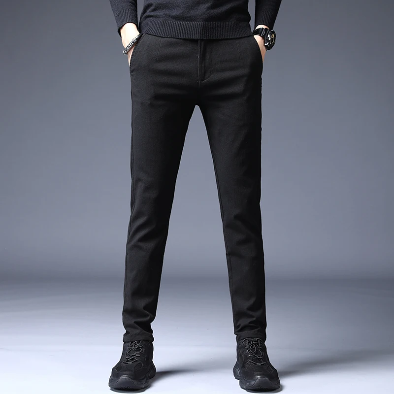 black Plus Velvet Новые толстые плюс бархатные мужские повседневные штаны толстые черные серые коричневые мужские облегающие флисовые теплые прямые джинсовые брюки для официального костюма - Цвет: black Plus Velvet