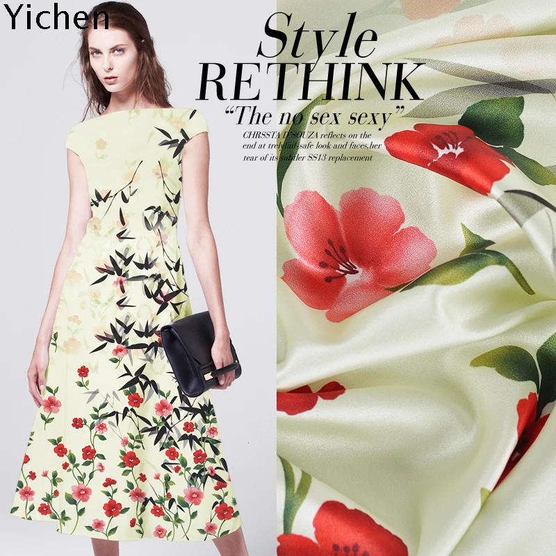 126 см* 118 см Натуральная шелковая ткань бамбук персик цветок печати стрейчевое Ципао платье ткань эластичный атлас