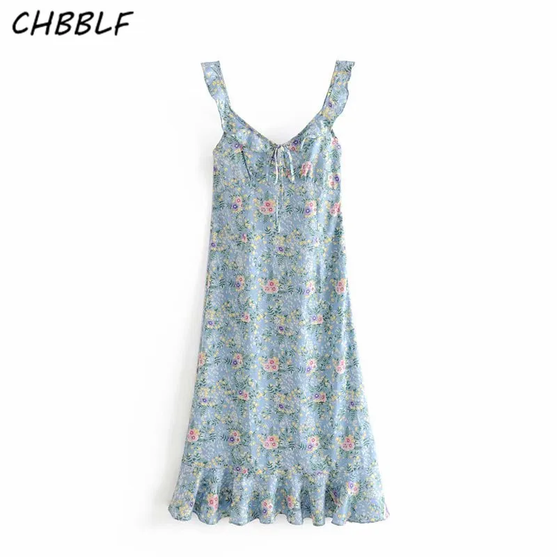 

CHBBLF women stylish print midi dress v neck ruffles strap sleeveless female casual dresses summer chic vestido HJH2143
