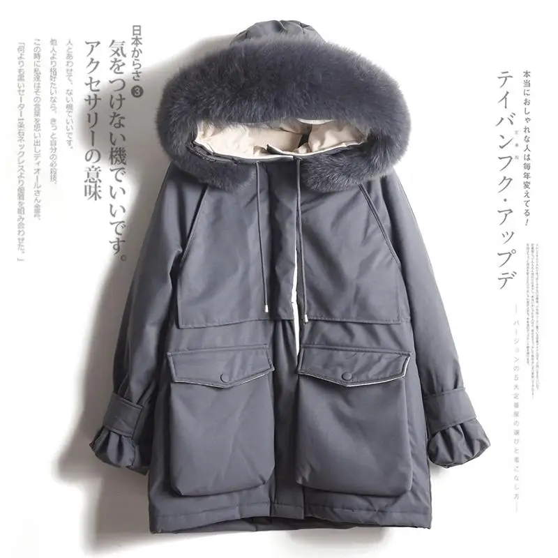 FTLZZ женское пуховое пальто зима большого размера, натуральный мех воротник водонепроницаемая куртка женская с капюшоном Пояс завязывается теплая зимняя верхняя одежда - Цвет: Серый