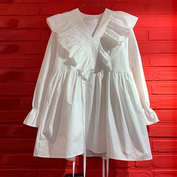 

Korean Style Women Dress Solid Color Long Sleeve Cotton Fashion Ladies Dress V-neck Dress Female Summer and Spring New 2020