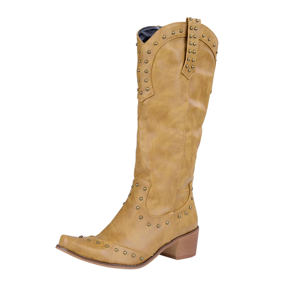 MoneRffi; женские сапоги; сапоги до колена с заклепками в стиле ретро; кожаные высокие сапоги ручной работы; женские высокие ковбойские сапоги; модная повседневная обувь - Цвет: yellow