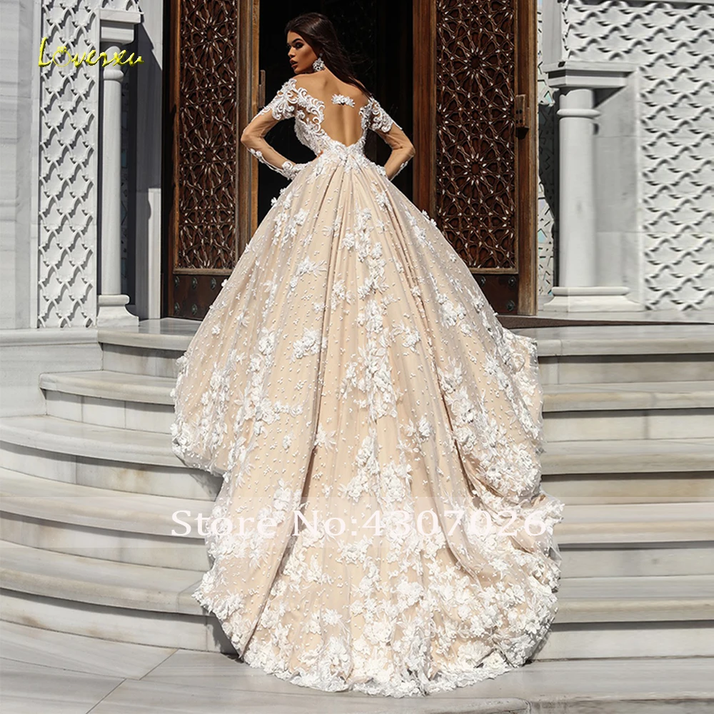 Loverxu свадебное платье трапециевидной формы с глубоким вырезом, Элегантное свадебное платье с длинным рукавом и аппликацией, платье невесты с открытой спиной, свадебное платье с длинным шлейфом, свадебное платье размера плюс