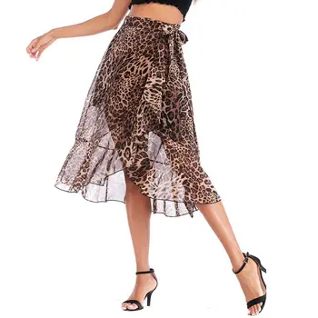 

Women Summer Layered Chiffon Leopard Asymmetric Midi Skirt Ruffles A-Line Self-Tie Bandage High Waist Party Beachwear