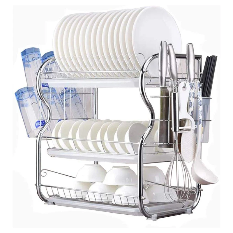 

3 Tier Dish Drainer Rack Holder Dish Drying Rack Plate Dish Cup Cutlery Drainer Rack Plates Holder with Mug Holder and Cutlery K