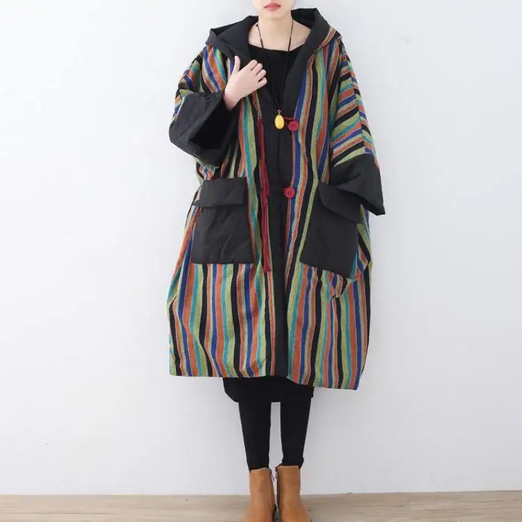 Новинка, осенне-зимнее свободное повседневное женское хлопковое пальто в полоску с карманами и рукавами летучая мышь, женское плотное пальто с капюшоном в стиле ретро - Цвет: Многоцветный