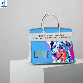 

Hand paint handmake painted Graffiti art Pet Women Handbags classic Totes Silver golden lock 100% Genuine leather bags for women
