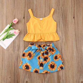 

Pudcoco Toddler Baby Girl Clothes Summer Solid Color Sleeveless Sling Ruffle Tops Sunflower Print Button Skirt 2Pcs Outfits Set