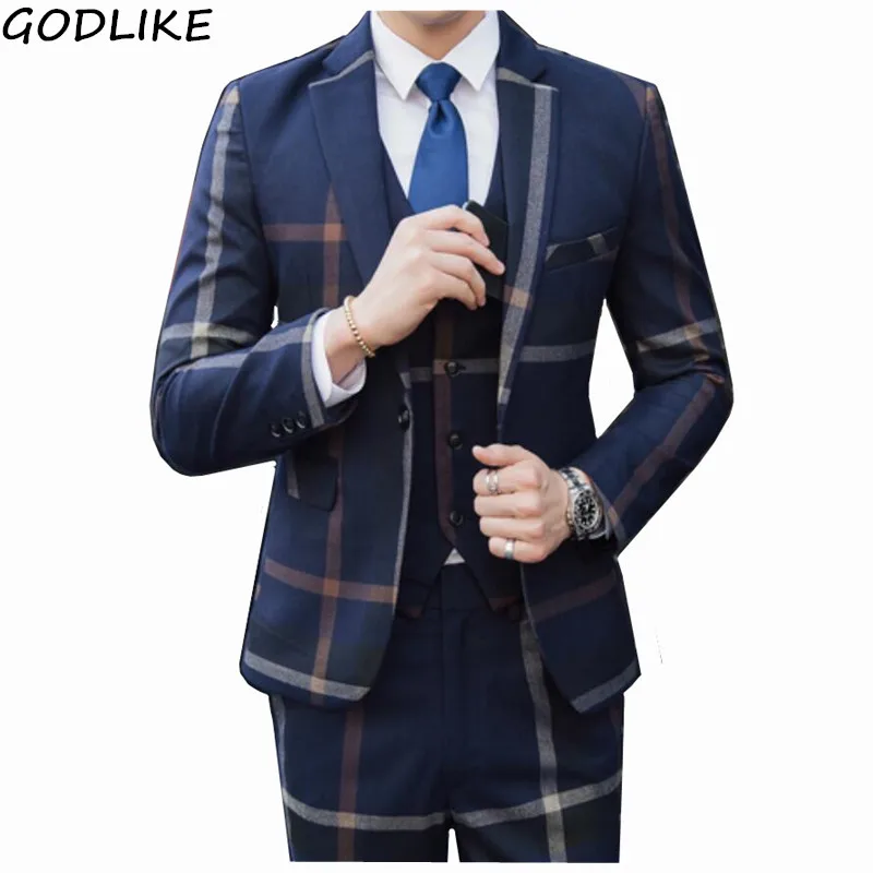 Fashion Plaid designs lapel Mens custom Suit Sets groom tuxedos wedding 3 pieces suits Sbest Male Blazer (jacket + pants + vest)