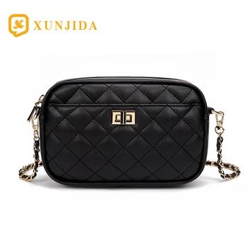 

XUNJIDA Diamond Lattice Leather Simple Zipper Women Messenger Crossbody Bags Shoulder Handbags Chain Purses Famous Design Black