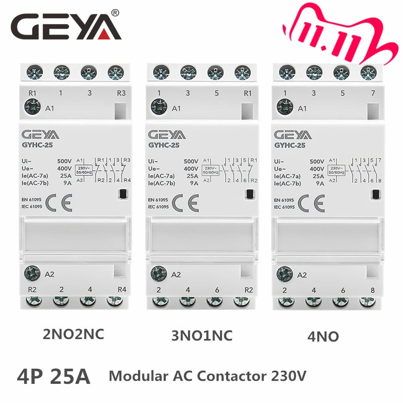 GEYA Din Rail автоматический модульный бытовой контактор AC230V 4P 25A 4NO 2NO2NC 3NO1NC