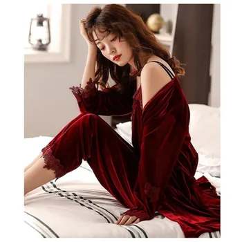 

Pajama women's autumn and winter gold velvet long sleeve three piece suit spring and autumn Sexy Wedding Nightgown home clothes