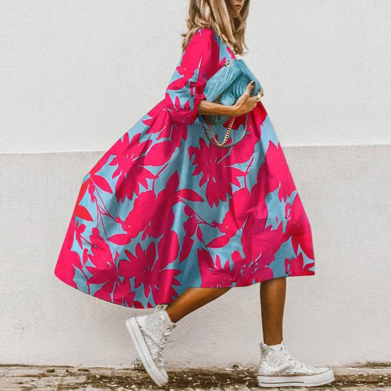 Vestido largo de algodón con estampado Floral para mujer, vestido de otoño Vintage de mujer con cuello redondo y mangas 3/4