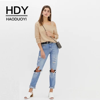 

HDY Haoduoyi New AutumnTops Women Clothing Long Sleeve Strapless Jumper Knitted Thin Pullover Women Slim Fashion Sweaters