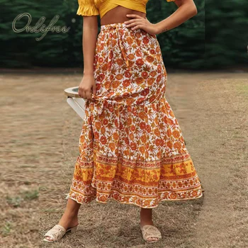 

Ordifree 2020 Summer Boho Women Maxi Skirt HIgh Waist Vintage Floral Print Long Skirt