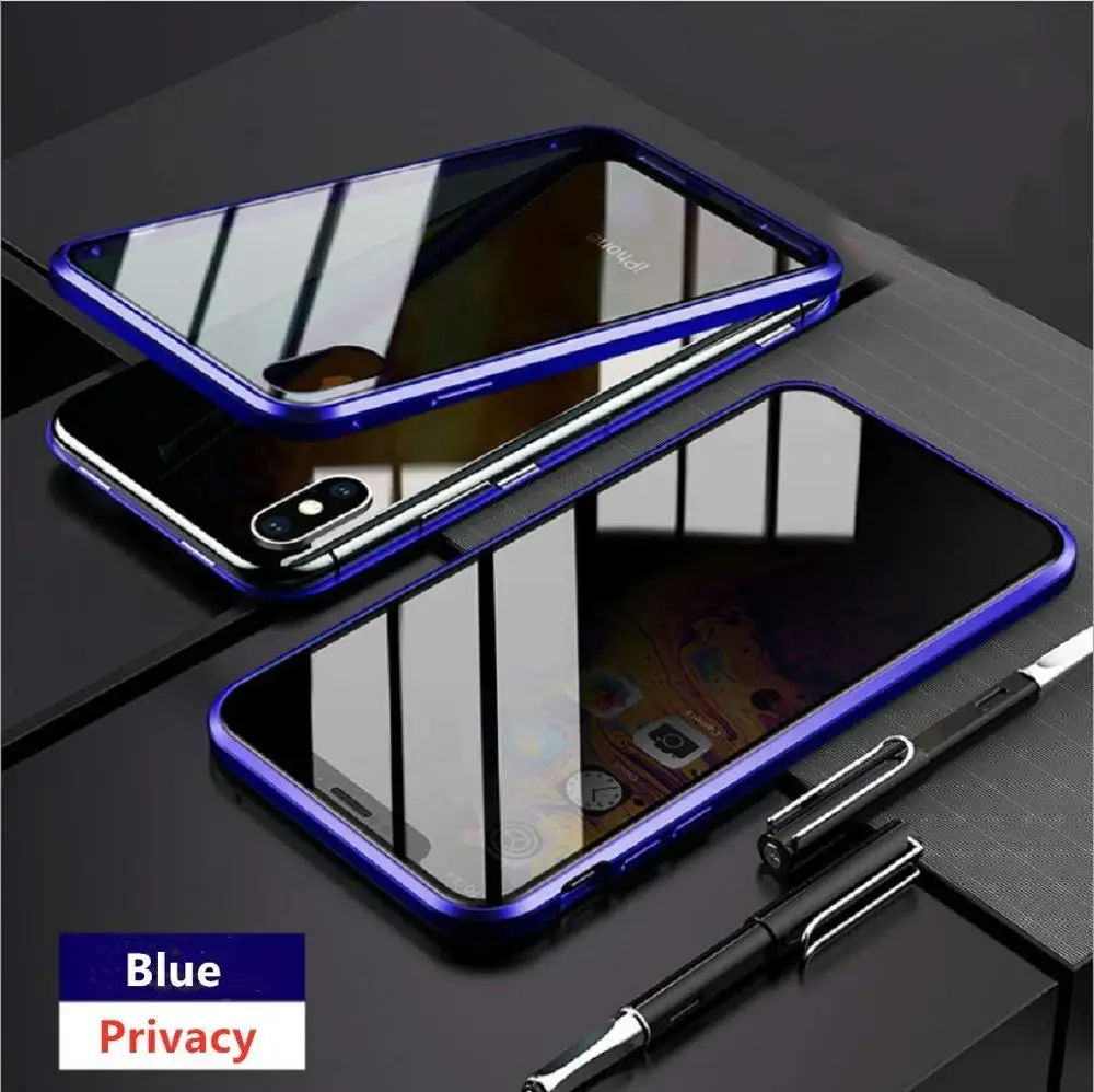 Blue Защитный Магнитный чехол из закаленного стекла для iPhone 11 Pro Max XS MAX XR X 8 7 6s 6 Plus, магнитный металлический бампер, защита от подзорья - Цвет: Blue