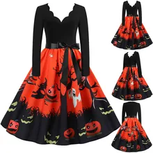 Halloween Costume Pleated-Dress Housewife Women Long-Sleeve Evening-Party Vintage Full-V-Neck