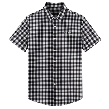 

QUANBO 2020 New Arrival Summer Short Sleeved Shirts High Quality Men 100% Cotton Plaid Business Casual Shirts Gray Black Shirt