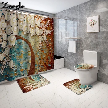 

Zeegle Bath Mat and Shower Curtain Set Non Slip Toilet Seat Cover Mat Flannel Bathroom Floor Mat Bathroom Carpet