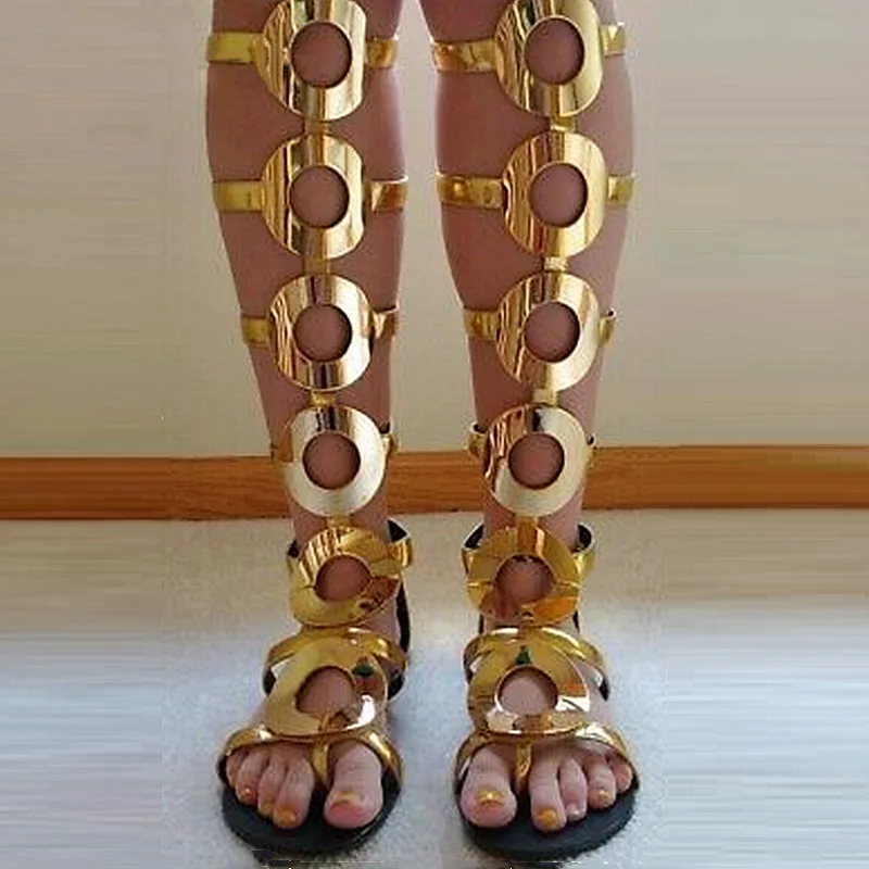 

Fashion Shining Gold Circle Strap Long Sandals Boots Peep Toe Toe Summer Knee Boots Woman Gladiator Cutout Bottines
