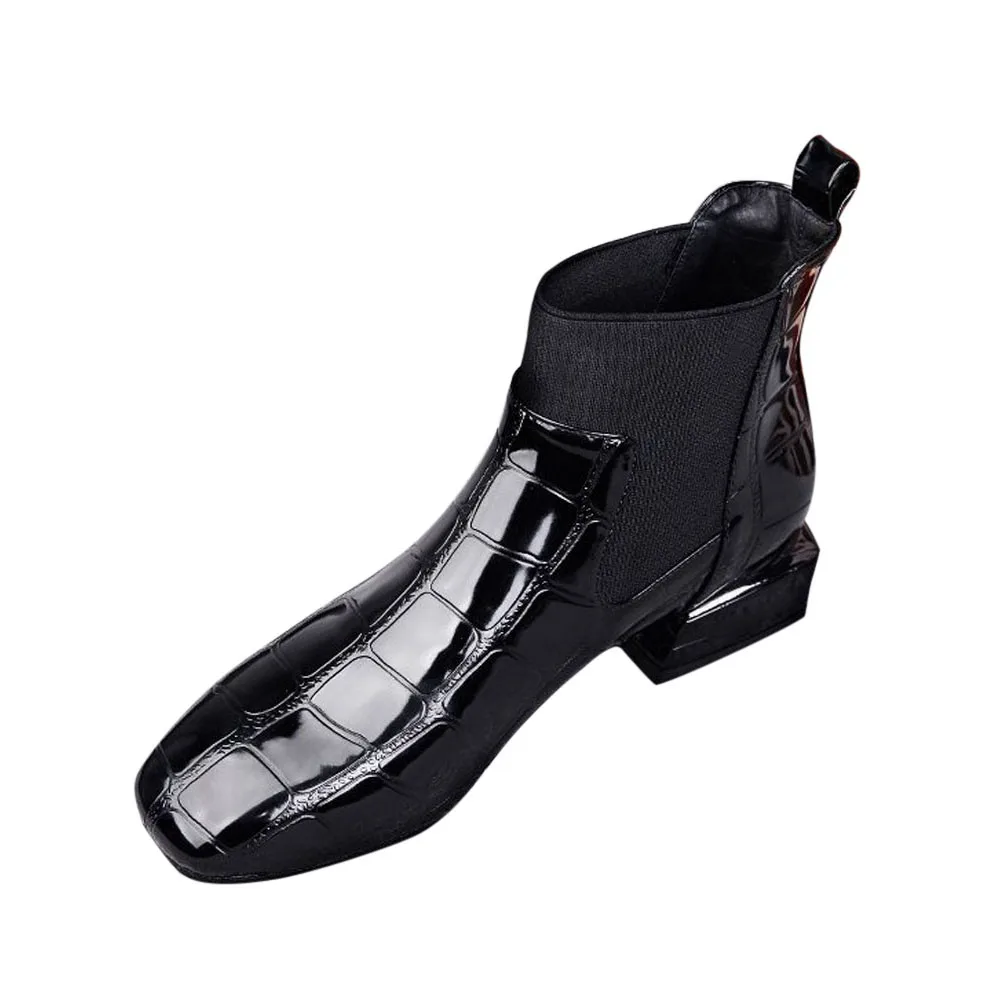 Шикарные женские ботинки; блестящая обувь из искусственной кожи; сезон осень-зима; женские ботильоны на квадратном каблуке с острым носком; botas zapatos mujer - Цвет: BK