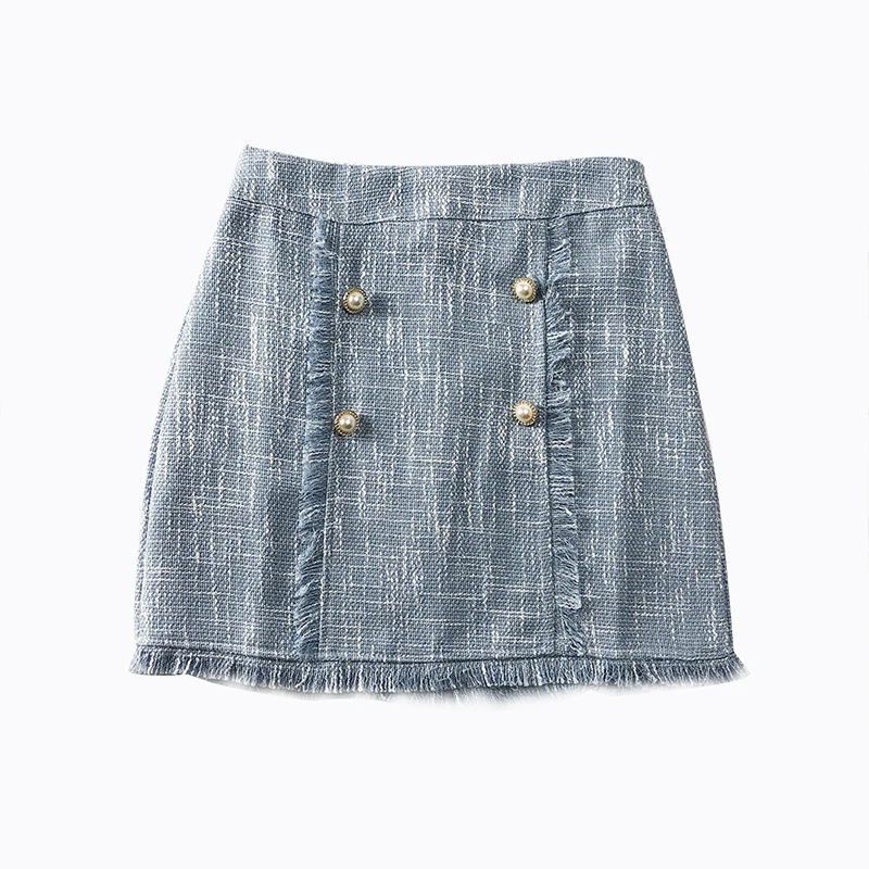 Женские клетчатые трапециевидные двубортные юбки с кисточками для девочек, винтажная мини-твидовая юбка, женская короткая юбка, суженная книзу