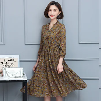 

Spring Women Chiffon Shirt Dresses Yellow Green Floral Print Long Sleeve V-neck Elastic Waist Crepe Pleated Shirtdress Woman New