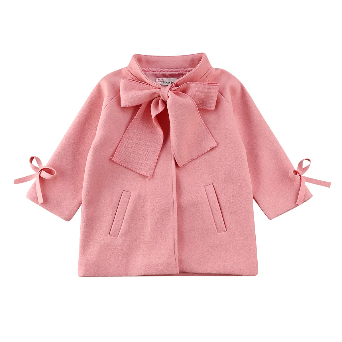 Pudcoco/зимний теплый шерстяной Тренч для маленьких девочек возрастом от 2 до 8 лет ветрозащитное пальто с бантом, однотонное пальто с длинными рукавами, верхняя одежда, куртка - Цвет: Розовый