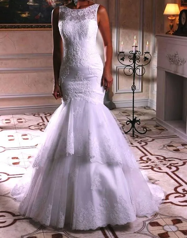 

Tiered Lace Mermaid Wedding Dresses 2016 Sexy Wedding Gowns Applique White Bridal Gown Custom Made Vestido De Noiva Sereia