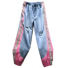 Осень Новая мода Горячая бурение эластичный лоскутный пояс Джинсы женские свободные шаровары