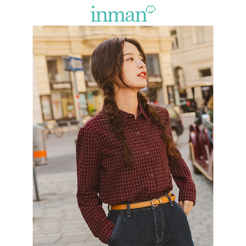 

INMAN 2019 Autumn New Arrival 100%Cotton Turn Down Collar Long Sleeve Retro Literary Minimalism All Matched Plaid Women Blouse