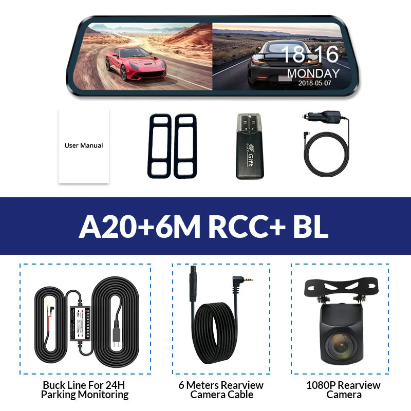 A20-6M FHD RCC-BL 10-дюймовый сенсорный Потоковое вещание зеркало заднего вида HD 1080P Автомобильный видеорегистратор Даш Cam автомобильная видео Регистраторы авторегистратор с сзади Камера G-Сенсор - Название цвета: A20-6M FHD RCC-BL