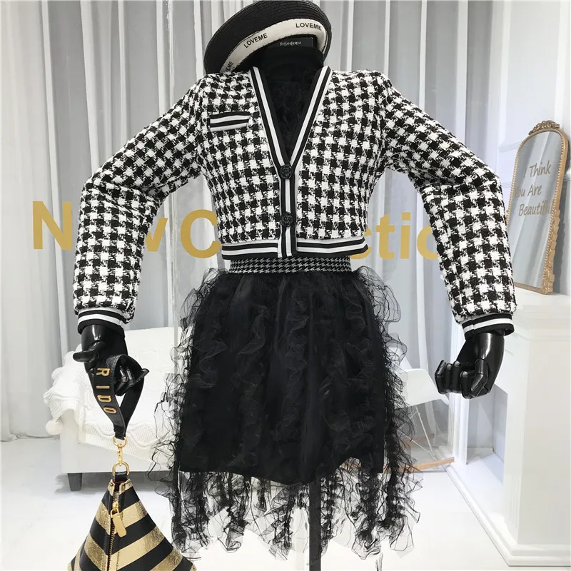 ALPHALMODA зимняя клетчатая одежда+ плиссированная кружевная юбка женский модный костюм из 2 предметов короткий твидовый пиджак с v-образным вырезом юбка шикарный комплект из 2 предметов