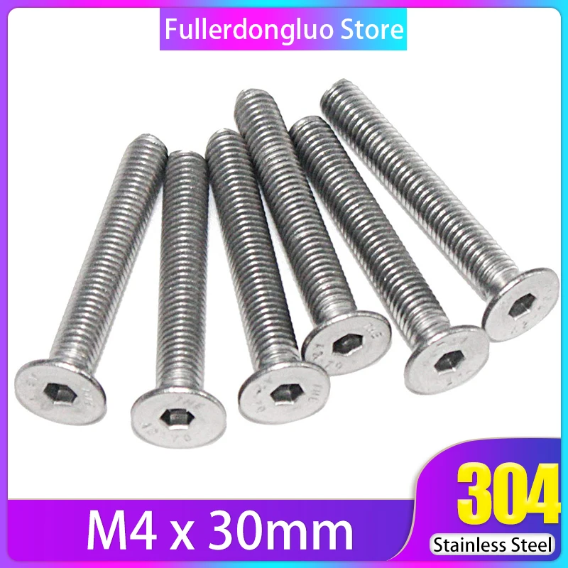 

50Pcs M4x30mm Flat Head Screw Bolt 304 Stainless Steel Allen Hex Socket (M4x30mm)