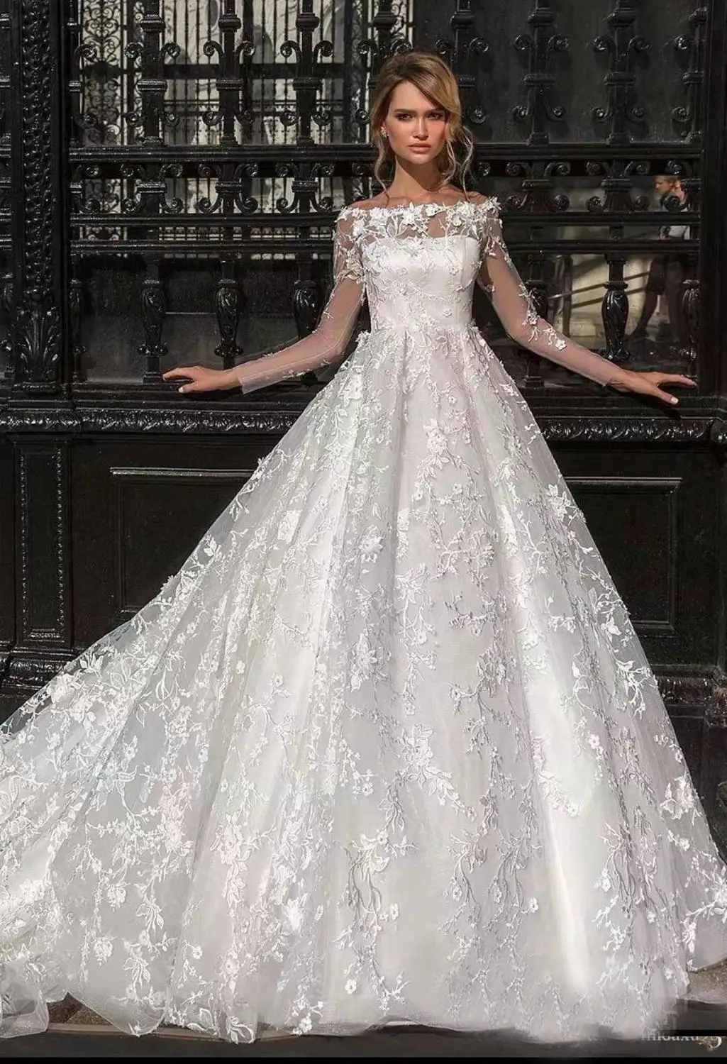 Vivian's Bridal Феи Бохо цветочный принт свадебное платье элегантное лодочка шеи Кружева Иллюзия аппликации с длинным рукавом свадебное платье - Цвет: white