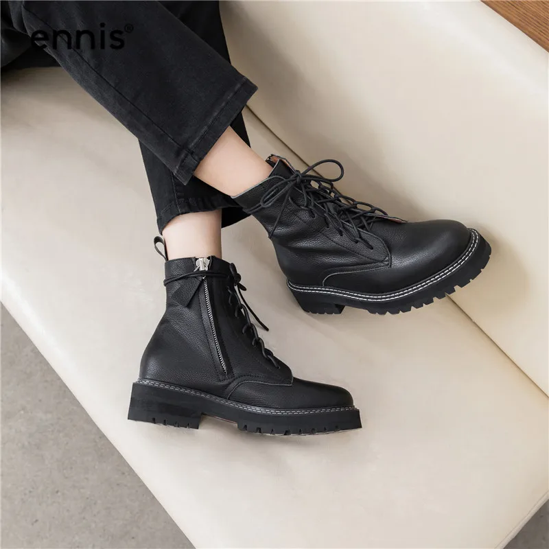 ENNIS Autumn Winter Women Boots Genuine Leather Platform Thick Sole Martin Boots Lace Up Ankle Boots Suede Zip Shoes A9160