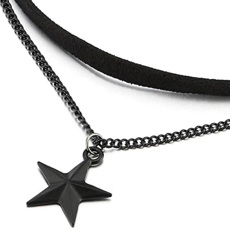 Two-Rows Black Choker Necklace with Black Chain and Pentagram Star Charm Pendant Multilayer Collar Necklace - Image 3